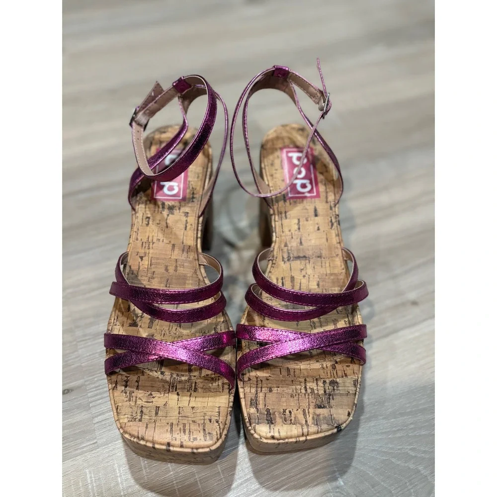 Pop Admission Womens Metallic Purple CorkPlatformWedgeSandals Size 11M SquareToe